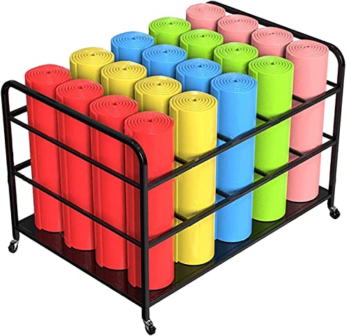 Large Yoga Mat Storage Cart with Wheels, Floor Metal Yoga Mat Holder Basket, Gym Foam Rollers Organizer, for Gym/Yoga Studio Hold 20 Exercise Mats - color: Black