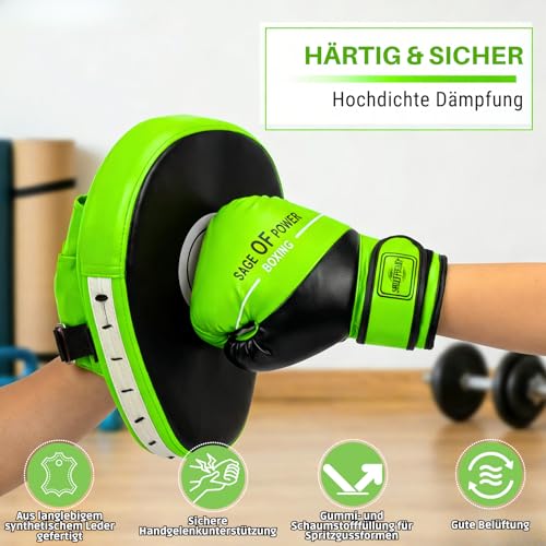 3-in-1 Boxing Gloves and Punching Mitts Set for Kids, Boxing Mitts Focus Pads with Hand Wraps for Kid, Youth Leather Punching Equipment Gloves Set for MMA, Karate, Muay Thai, Taekwondo - color: Green