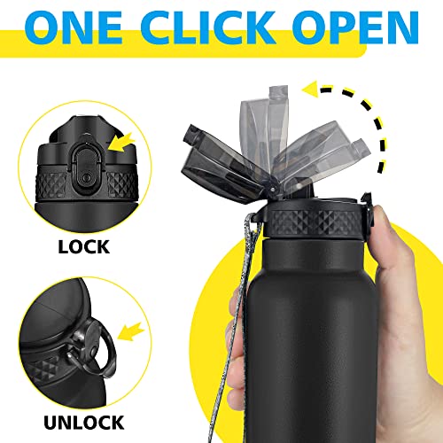 Han's Bottle Sports Water Bottle - 24 Oz, Straw Lid, Leak Proof, Vacuum Insulated Stainless Steel, Double Walled, Thermo Mug,Black - color: Balck, size: 24 Ounces