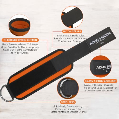 AOHO MOOON Ankle Strap (2 Pieces) for Cable Machine Women - Gym Workout Leg Strap, Premium Padding Ankle Cuffs, Glute Kickback Exercises Equipment, Pulley Attachment, One Size Fit All - color: Orange