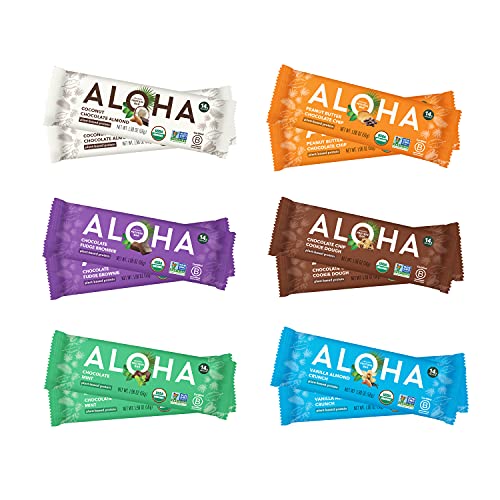 ALOHA Organic Plant Based Protein Bars - 6 Flavor Variety Pack - 12 Count, 1.9oz Bars - Vegan Snacks, Low Sugar, Gluten-Free, Low Carb, Paleo, Non-GMO, Stevia-Free, No Sugar Alcohol Sweeteners - size: 12 Count (Pack of 1)