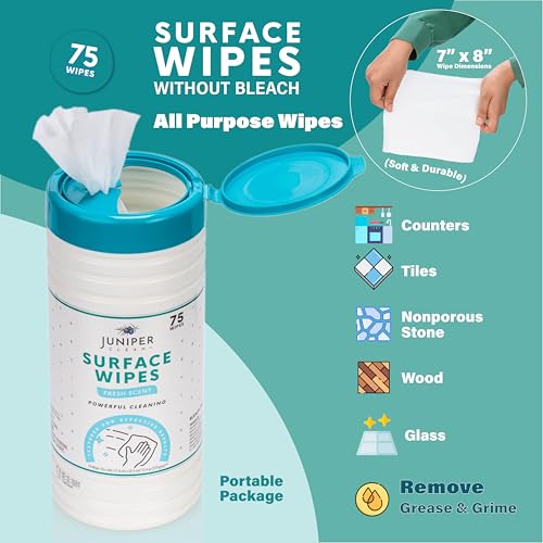 Juniper CLEAN 4 Pack Surface Cleaning Wipes Bleach Free, All-Purpose Cleaner for Bathroom, Kitchen, Office, 300 Count Canister, 7.5" x 7" Sheet, Fresh Scent, Lint Free & Durable - size: 75 Count (Pack of 4)