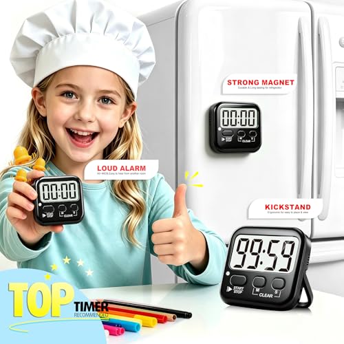 Antonki 2 Pack Digital Timer for Kids, Magnetic Countdown Kitchen Timers for Cooking, Egg, Classroom, Teacher, Exercise, Study, Oven - Battery Included - color: Rich Black *2