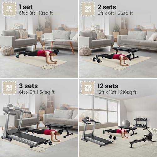 bemaxx Gym Mats Set - 18 pcs EVA Interlocking Foam Floor Tiles (12.6"x12.6"x0.4") 18sqft Protective Gym Flooring Sports Home Workout Exercise Mats Puzzle Garage Fitness Play-Room Pool Treadmill Bike - color: Warm Sand, size: 18 Tiles | 18 sq ft
