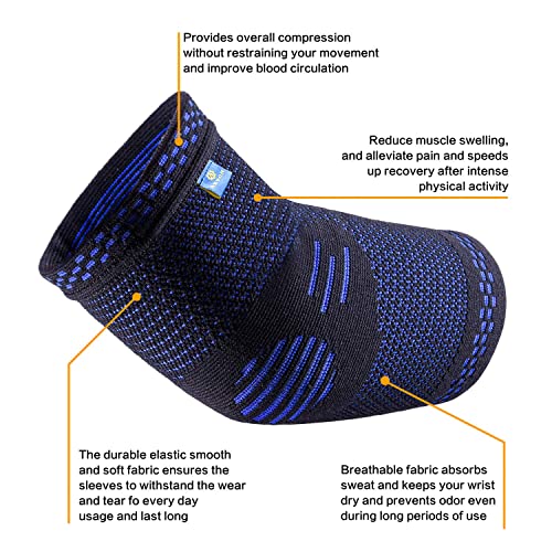 ABYON Compression Elbow Support, 1 Piece Compression Sleeve + 2 Pcs Tennis Elbow Pads for Men Women Pain Relieves Tendonitis, Arthritis, Tennis Elbow, Epicondylitis - color: Blue, size: Large