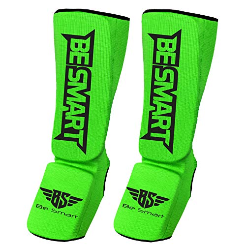 Be Smart Kids, Adults, Youth, Men and Women Muay Thai MMA Kickboxing Shin Guards, Instep Guard Training, Sparring Protective Gear Equipment Shin Kick Pads - color: Green, size: XXXS ( 3 to 8 Years )