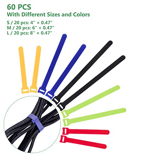 OneLeaf 60 Pcs Reusable Fastening Cable Ties with Hook and Loop, Multi-Purpose Cable Straps Wire Ties Cable Management, Adjustable Cord organizer Ties for Computer/TV/Electronics, 3 Sizes and 5 Colors - size: 4in+6in+8in-60pcs