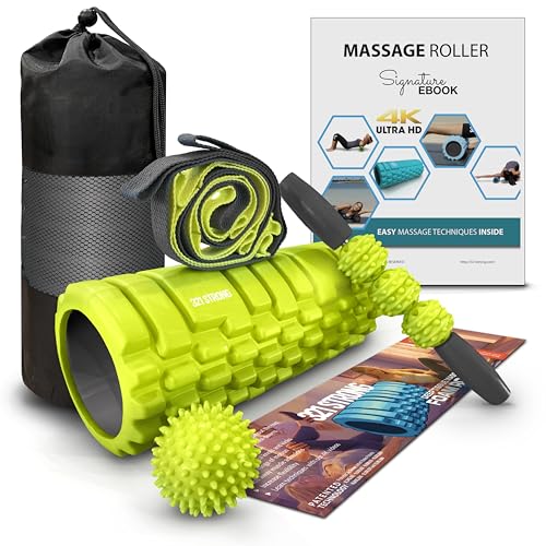 321 STRONG 5 in 1 Foam Roller Set with Hollow Core Deep Tissue Massager, Muscle Roller Stick, Stretching Strap, Spikey Plantar Fasciitis Ball, and Carry Bag, with 4K eBook - color: Bright Lime