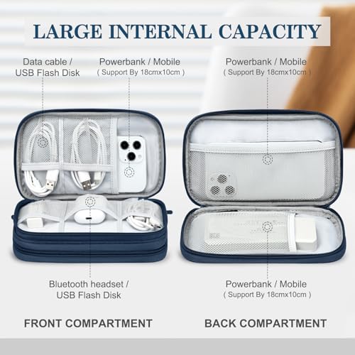 FYY Electronic Organizer, Travel Cable Organizer Bag Pouch Electronic Accessories Carry Case Portable Waterproof Double Layers Storage Bag for Cable, Cord, Charger, Phone, Earphone, Medium Size, Navy | Wrist Strap, Waterproof, Double Layers Portable Elect