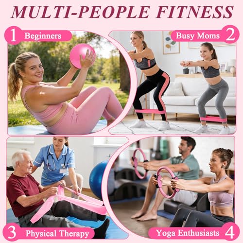 Pilates Ring and Small Ball Set for Women with 5 Resistance Bands, 14 inch Magic Circle Home Workout Essentials Starter Kit for Beginners, Yoga Sets for Full Body Toning Shape - color: Pink