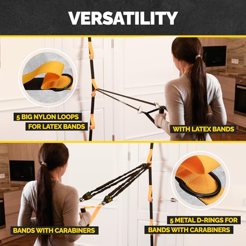 Door Anchor Strap for Resistance Bands with 5 Loops and Metal D-Rings | Fits most doors and resistance bands, 5 anchor points, reinforced nylon, tool-free setup, full-body workout versatility - color: Yellow Door Strap