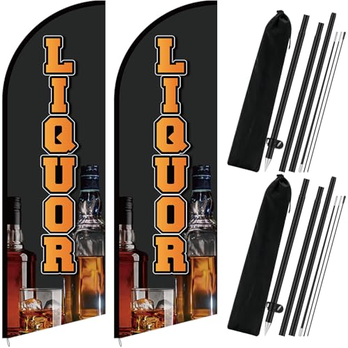 Mindsoft 2 Pack Liquor Feather Flag 8.2 Feet Tall Advertising Swooper Flag Banner Stand Signs with Pole and Ground Stake for Outdoor Business Market Store - style: Liquor