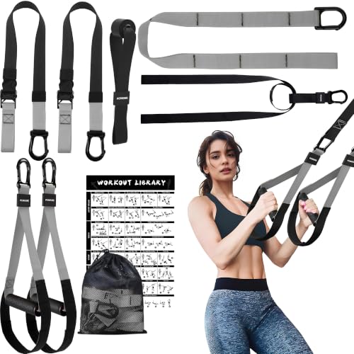 Home Resistance Training Kit | Full-Body Workout with Suspension Trainer Straps, Door Anchor, Handles, and Carrying Bag | Complete Home Gym Equipment - color: Grey