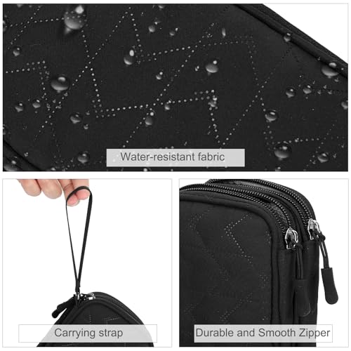 FYY Electronic Organizer, Travel Tech Pouch, Cable Organizer Black Quilted | Wrist Strap, Waterproof, Double Layers Portable Electronics Travel Carrying Case for Cord, Charger, Daily Business Trips Use - color: Black Quilted, size: Small