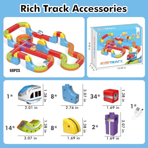 Electric Train Set, 3D Infinity Racer Train Tracks, DIY Toy Car Track, Modular Building Blocks Freely Assembled, STEM Learning Toy Fun Gifts for Kids Toddlers Boys & Girls (68pcs)