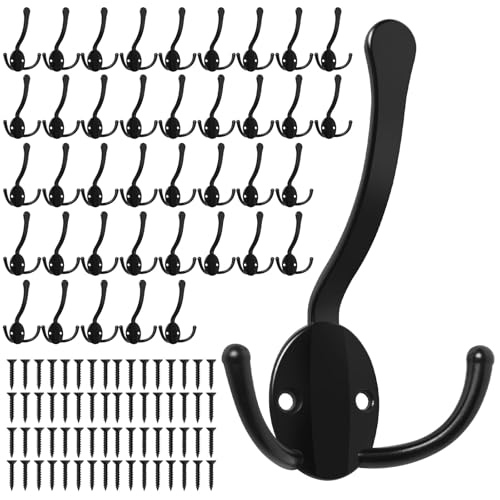 Homanu 40 Pack Coat Hooks Heavy Duty, Metal Three Prongs Large Coat Hooks Wall Mounted with 80 Screws, No Rust Black Rustic Wall Hooks for Hanging Towel, Coat, Scarf, Bag, Hat, Cup, Key - color: 40 Pcs Black