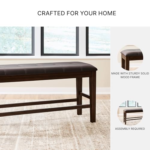 Signature Design by Ashley Upholstered Counter Height Dining Bench, 50" | Tufted faux leather seat, Sturdy solid wood frame in smoky oak finish, Fits 34-36" counter islands, Haddigan Series - color: Dark Brown, style: Counter Height Bench