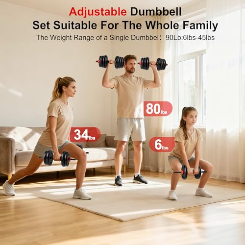 Adjustable Dumbbell Set, 10/20/30/45/70/90lbs Free Weights Dumbbells Set, 5 in1 Dumbbells Set Used as Barbell, Kettlebells, Push up Stand,Weight Plate, Adjustable Weight Set for Home Gym - color: 89LBS(44.5LB PAIR)