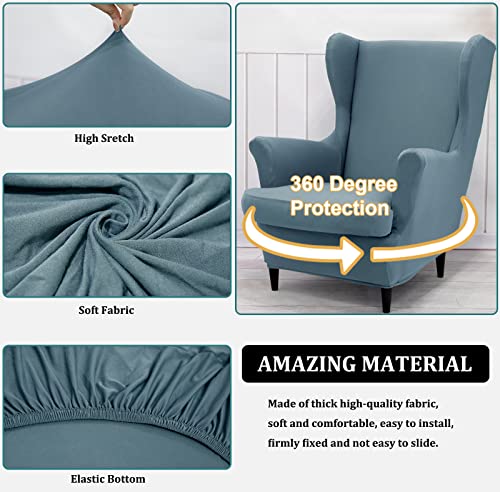 NILUOH Wingback Chair Cover 2-Piece Soft Stretch Wing Chair Slipcover Solid Color Armchair Sofa Couch Cover Furniture Protector with Elastic Bottom for Living Room Bedroom (Gray-Blue) - color: Gray-blue
