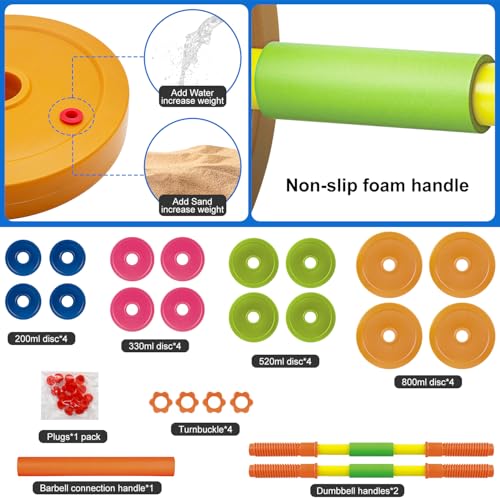 Kids Exercise Weight Set, Barbell and Dumbbell Workout Equipment, Toddler Beginner Gym Toy for Pretend Play Lifting Exercise & Fitness, Adjustable Fill with Sand or Water - size: 2-In-1