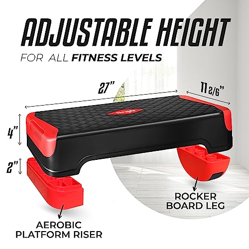 Yes4All 2-in-1 Adjustable Aerobic Step Platform Fitness Exercise Stepper with Rocker Balance Board Legs for Home Workout, Step Exercise & Balance Training - color: C. Red