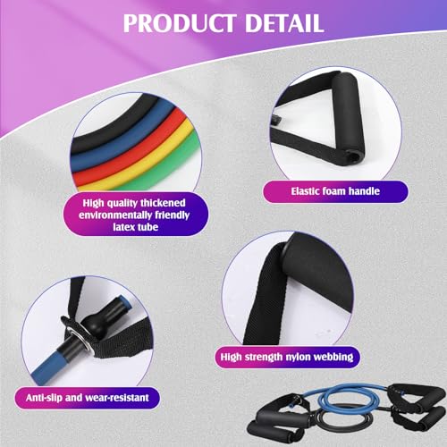 Shappy 10 Pcs Resistance Bands with Handles Exercise Stretch Bands for Exercise Woman Man Training Physical Therapy Workouts Fitness - color: yellow, red, green, blue, black