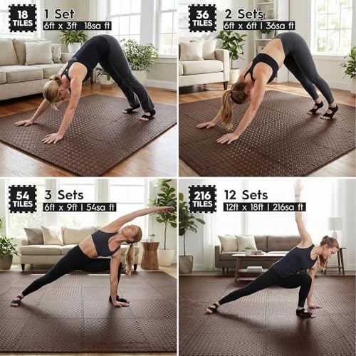 18pcs Puzzle Exercise Mat, 12.6"x12.6"x0.4", 18sqft EVA Interlocking Foam Floor Tiles, Protective, Water-Resistant Flooring for Home Gym & Workout Equipment - color: Brown
