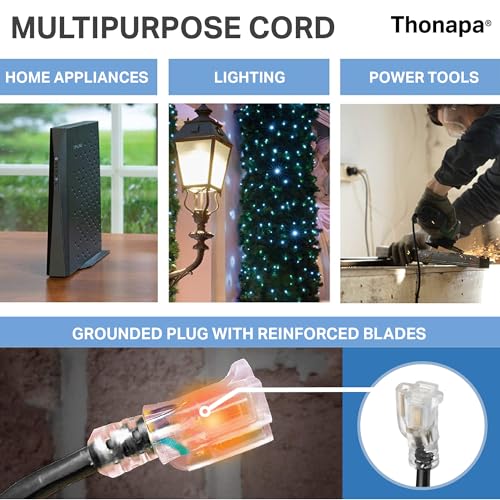 Thonapa 12 Gauge Extension Cord 10 Ft Outdoor - 12/3 Heavy Duty, 3 Prong | SJTOW Oil Resistant Black Cable, Lighted End, Grounded Plug, For Job Sites, Garden & Major Appliances - color: Black, size: 10 Foot