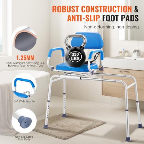 VEVOR Sliding Tub Transfer Bench with 360 Degree Swivel Seat, Sliding Shower Chair with Pivoting Armrest & Padded Seat and Safety Belt, Height Adjustable Bath Chair for Elderly Disabled, 330LBS