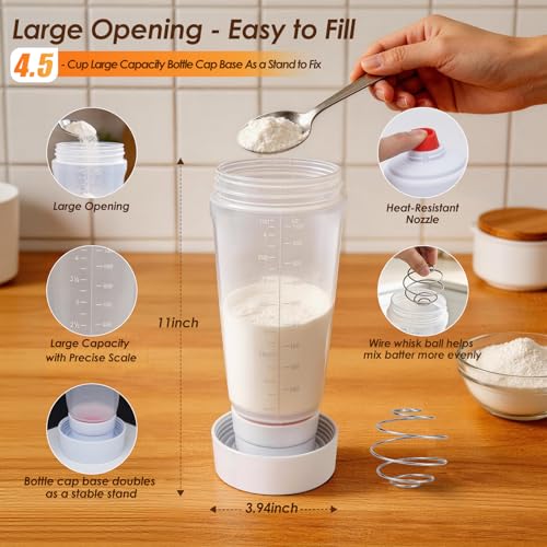Pancake Batter Dispenser Bottle Kit with 7 Accessories, 1000ml Silicone Squeeze Pancake Mixer Bottle with Whisk Ball and Stand Base, Pancake Shaker Bottles for Cupcakes Muffins Waffle Crepes(2pack) - color: White