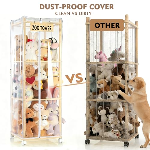 Stuffed Animal Storage Zoo with Dust Cover & Wheels — Large Wooden Stuffy Organizer Display Tower, Thick Plushie Holder with Elastic Band for Kids Room, Perfect for Nursery Bedroom Nursery Playroom