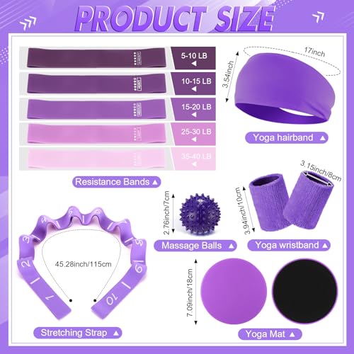 Poen 18 Pcs Home Pilates Kit for Women Pilates Ball and Ring Circle Set Yoga Fitness Essential with 5 Resistance Band Stretching Strap Non Slip Sock Ball Core Slider Wristband Headband Gym Bag - color: Purple