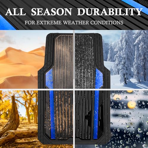 CAR PASS Heavy Duty Rubber Car Mats Metallic,Aluminum Film All Weather Floor Mats Waterproof Universal Trim to Fit Automotive SUV Sedan Van 4 Piece Anodized Deep Dish Two-Tone Sporty Black Blue Chrome - color: Black Blue