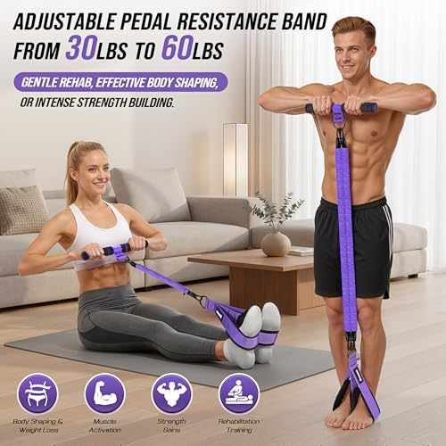 Upgrade Pedal Resistance Band with Handle, Adjustable Tube Foot Pedal Device Puller Exercise Bands, for Abs Arm Leg Waist Workout, Core Pilates, Sit Up Fitness Equipment for Full Body Training - color: 1-Purple