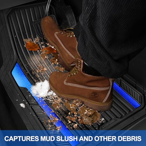 CAR PASS Heavy Duty Rubber Car Mats Metallic,Aluminum Film All Weather Floor Mats Waterproof Universal Trim to Fit Automotive SUV Sedan Van 4 Piece Anodized Deep Dish Two-Tone Sporty Black Blue Chrome - color: Black Blue
