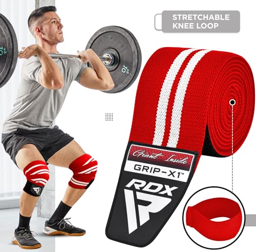 RDX Knee Wraps for Weightlifting, 78” Elasticated Straps Power Lifting Leg Press Support Gym Fitness Squats Workout Men Women - color: Red