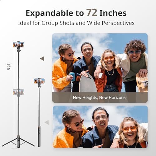 Sensyne 72" Extendable Tripod for iPhone & Selfie Stick with Detachable Phone Holder & Wireless Remote, Compatible with All Cell Phones, Black - color: Black