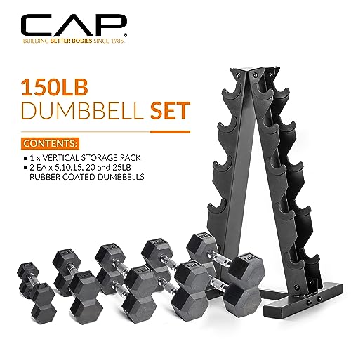 CAP Barbell 150 LB Coated Hex Dumbbell Weight Set with Vertical Rack | Multiple Options - color: Red Rack, style: Chrome Handles