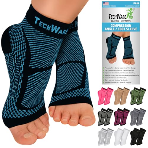 TechWare Pro Ankle Brace Compression Sleeve - Plantar Fasciitis Sock. Relieves Achilles Tendonitis. Foot Arch Support Reduces Joint Pain, Swelling & Heel Spur Pain. Injury Recovery Braces for Sports - color: Black / Blue, size: S / M (see size chart)