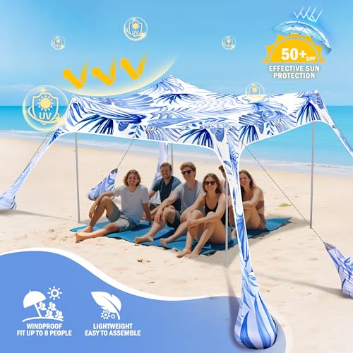 2PM SPORTS Beach Tent Sun Shelter 10x10 FT - UPF 50+ UV Protection, 8 Sandbags, Easy Setup, Portable Beach Shade Canopy for Family Picnic Camping Travel - color: Palm leaves