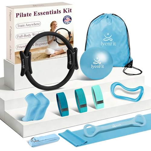 Pilates Ring and Small Ball Set for Women with 5 Resistance Bands, 14 inch Magic Circle Home Workout Essentials Starter Kit for Beginners, Yoga Sets for Full Body Toning Shape - color: Blue