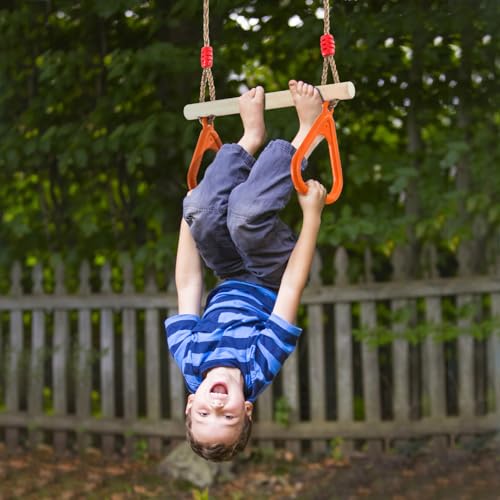 PELLOR Kids Trapeze Bar with Rings,Wooden Trapeze Swing Bar for Ninja Warrior Obstacle Course,Children's Swing Set Indoor Outdoor Garden,Yard,Playground - color: Orange