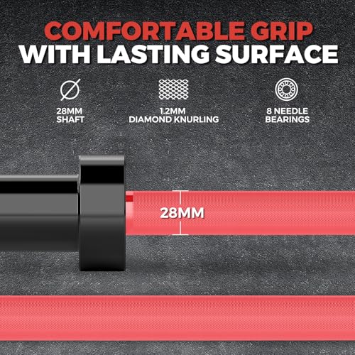 7FT Alloy Steel Olympic Barbell, 1500LB 45LB | 28mm knurled grip bar with needle bearings, chrome finish, 2-inch plate fit, and 1500LB capacity for heavy lifts - color: Black&Red