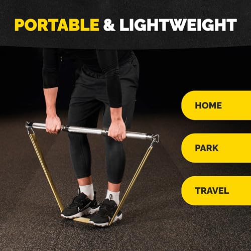 Heavy Duty Steel Resistance Band Bar for Exercise, Adjustable 27-39 Inches | Portable 3-section design, ball-bearing swivel ends, tangle-free movement, fits loop, tube and pull-up resistance bands