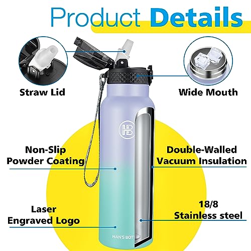 Han's Bottle Sports Water Bottle - 24 Oz, Straw Lid, Leak Proof, Vacuum Insulated Stainless Steel, Double Walled, Thermo Mug,Lilac green - color: Lilac green, size: 24 Ounces