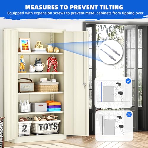 Superday Locking Metal Cabinet 72"×36"×18", Tall Storage Cabinet with 2 Doors and 4 Shelves, Large Metal Steel Utility Cabinets for Garage Tool Office File Pantry (Putty) - color: Putty, style: 72"