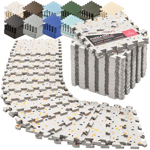 bemaxx Gym Mats Set - 18 pcs EVA Interlocking Foam Floor Tiles (12.6"x12.6"x0.4") 18sqft Protective Gym Flooring Sports Home Workout Exercise Mats Puzzle Garage Fitness Play-Room Pool Treadmill Bike - color: Terrazzo, size: 18 Tiles | 18 sq ft