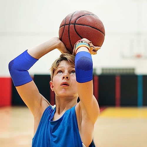Lenwen 4 Pairs Kids Elbow Brace Compression Arm Elbow Sleeve Knit Guard Gym Protectors for Boys Teen Children Girls Basketball Volleyball Tennis Cycling (5-10 Years,Black, White, Blue, Gray) - color: Black, White, Blue, Gray, size: 5-10 Years