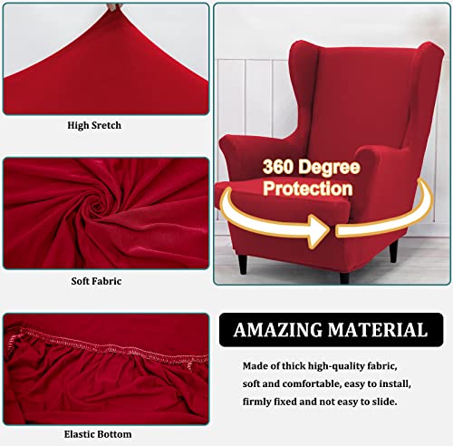 NILUOH Wingback Chair Cover 2-Piece Soft Stretch Wing Chair Slipcover Solid Color Armchair Sofa Couch Cover Furniture Protector with Elastic Bottom for Living Room Bedroom (Red) - color: Red