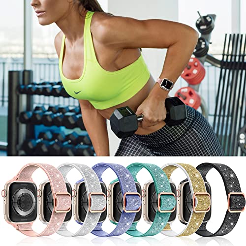 LETOID Stretchy Bands for Apple Watch Band Women Men Adjustable Solo Loop | Skin-Friendly Elastic Nylon Replacement Strap, iWatch Series 11 10 9 8 7 6 5 4 3 2 1 SE Ultra 49 46 45 44 42 41 40 38mm - color: 6-Pack: Black/Silv Wht/Gold Wht/Pink/Purple/Teal,